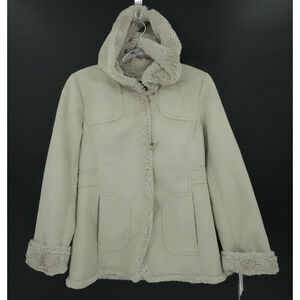 Jones New York Coat Womens Medium Beige Faux Suede Sherpa Lined Hooded Jacket
